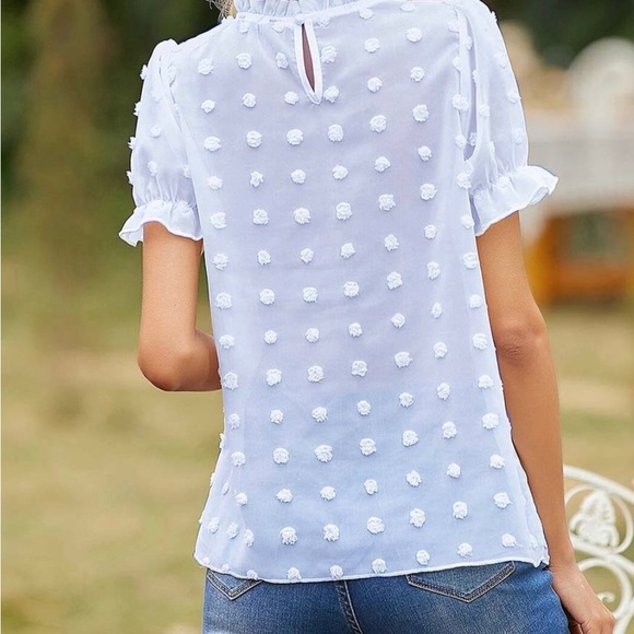 GYK: Women’s Light Blue Swiss Dot Ruffle-Trim Mock-Neck Top size M. - Picture 3 of 3